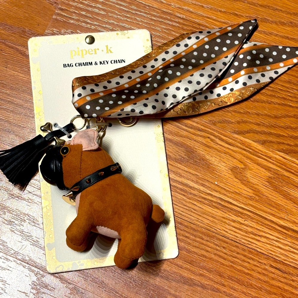 NWT Piper K Bulldog w/spiky collar bag Charm Keychain & tassel